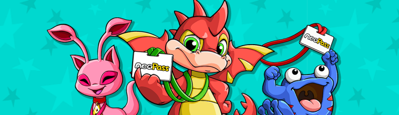 Header image of three Neopets wearing NeoPass badges on lanyards